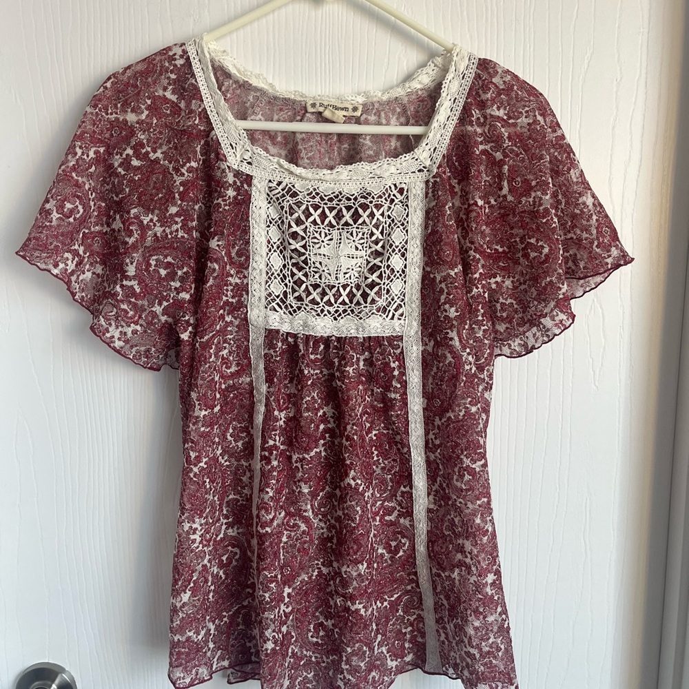 Ruff Hewn Maroon Lace Detail Blouse
